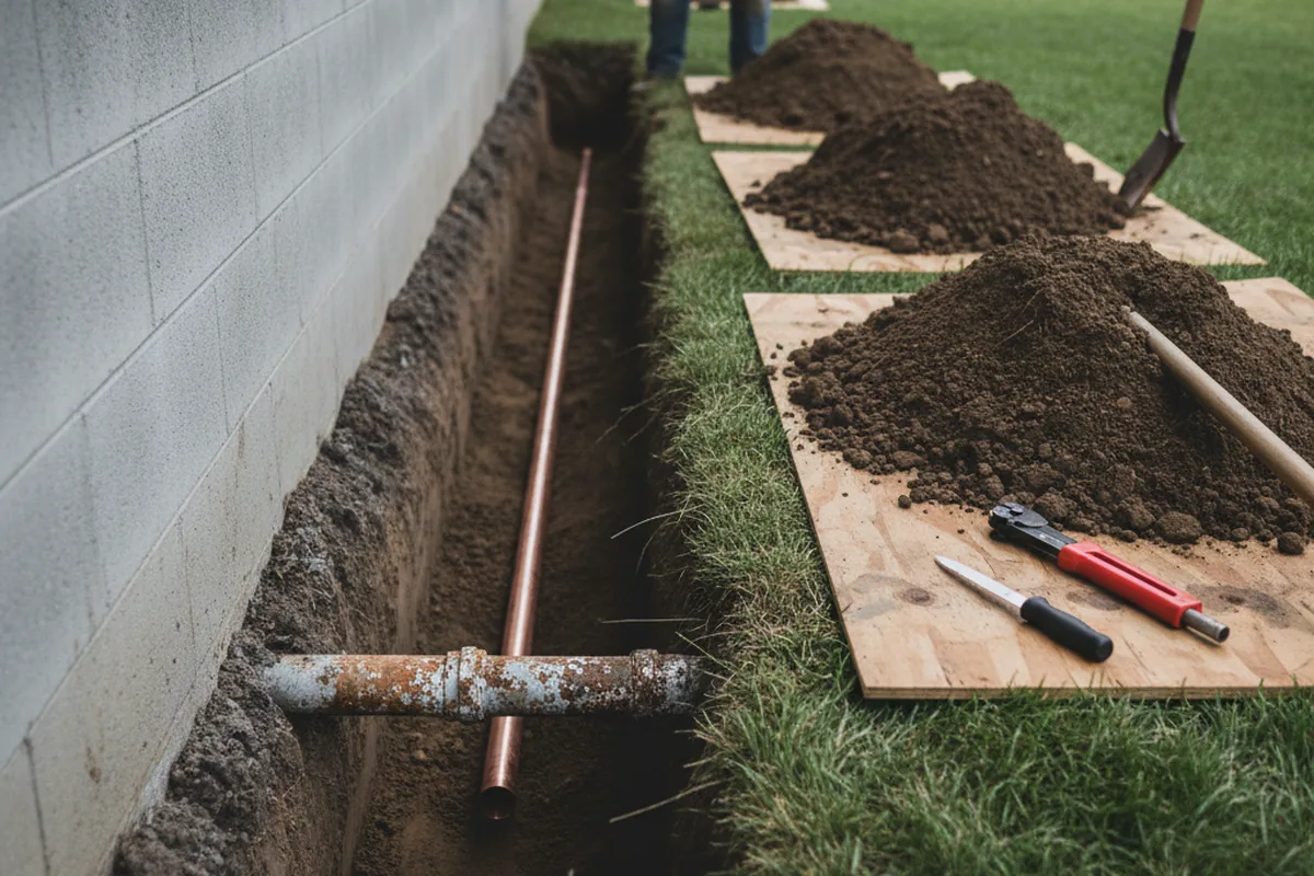 Excavated water line trench during Sewer Line Repair in Worth